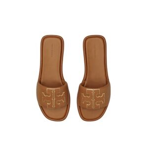 Tory Burch Double T Sport Slide Women 6 Nappa Leather Bourbon Miele Gold Sandals